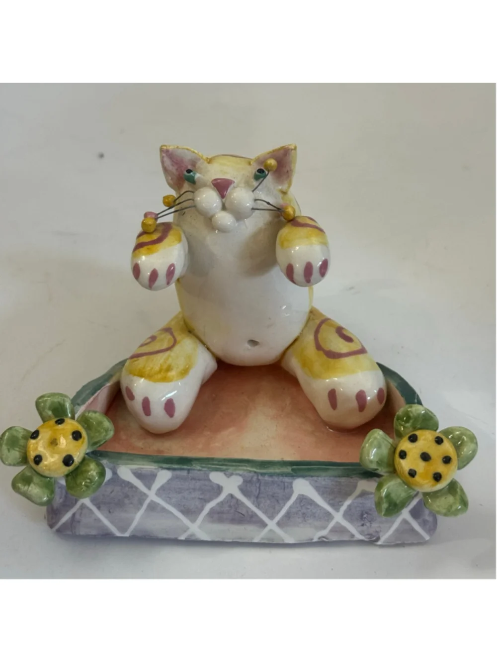 Vintage 1998 Lacombe Ceramic Cat Trinket Dish Whimsical Folk Art Decor